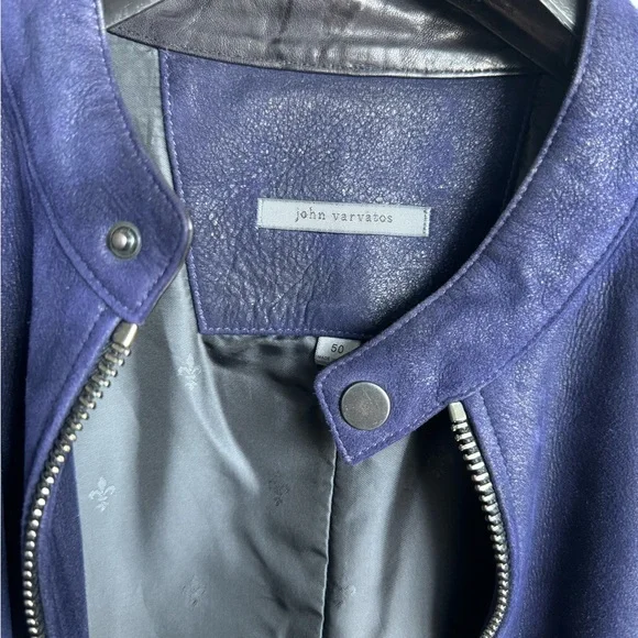 John Varvatos Blue Leather Jacket with Minimal Collar